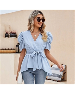 Женские нарядные топы с глубоким V-образным вырезом и поясом, баской, ампирной блузкой с запахом на талии, пышной рубашкой с коротким рукавом, цвет Khaki Kojooin