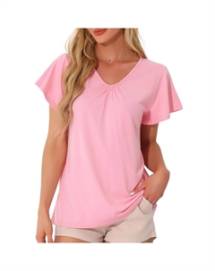 Женская рубашка для сна, футболка с коротким рукавом, мягкие трикотажные пижамные топы с V-образным вырезом и оборками, розовый Cheibear