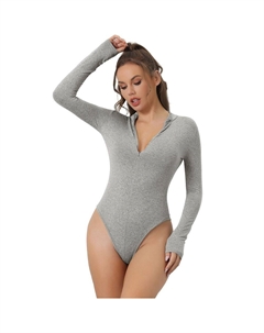 Боди на молнии спереди для женщин, повседневные топы с воротником-стойкой и длинными рукавами для похудения на выход, серый Allegra k