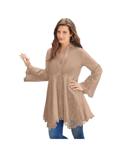 Женская свободная туника из поплина больших размеров с вышивкой, цвет Brown Sugar Roaman's