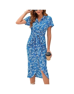 Женские платья в стиле бохо с короткими рукавами и V-образным вырезом, рюшами, облегающее платье в стиле ампир с завязками и разрезом на подоле, синий Kojooin