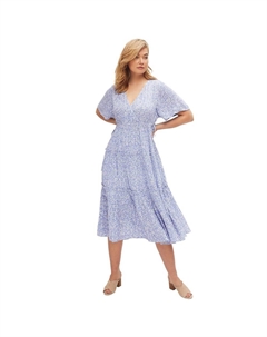 Женское многоярусное платье миди больших размеров с вырезом с вырезом, цвет French Blue Ditsy Ellos