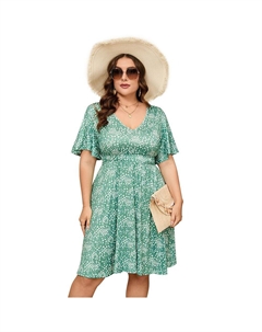 Женское платье больших размеров в стиле бохо с цветочным принтом и V-образным вырезом, с рюшами и короткими рукавами, эластичное платье трапециевидной формы с высокой талией, зеленый Kojooin