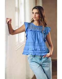 Летняя блузка из 100% хлопка с оборками на рукавах и кружевной вставкой, голубой Next