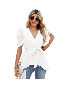 Женские нарядные топы с глубоким V-образным вырезом и поясом, баской, ампирной блузкой с запахом на талии, пышной рубашкой с коротким рукавом, белый Kojooin