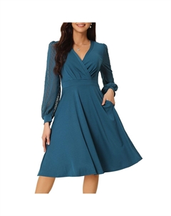 Женское весенне-осеннее свободное платье миди с v-образным вырезом и запахом в швейцарский горошек с рукавами-фонариками, синий Seta t