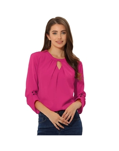 Женская офисная плиссированная рубашка с рукавами 3/4 и рюшами спереди, шифоновая блузка, цвет Hot Pink Allegra k