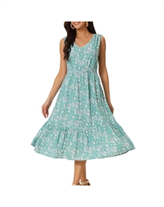 Женские летние пляжные платья в стиле бохо с V-образным вырезом без рукавов и цветочным принтом, струящийся многоуровневый сарафан миди с карманами, зеленый Seta t