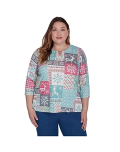 Плюс размер Рабочий топ с нашивкой в ​​виде оленя, цвет Multi Green Alfred dunner