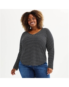 Плюс размер Повседневная футболка с длинными рукавами и v-образным вырезом, цвет Deep Black Stripe Sonoma goods for life