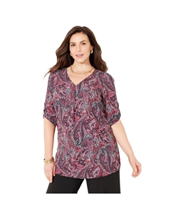 Женская плиссированная туника больших размеров с v-образным вырезом и V-образным вырезом для миниатюрных размеров, цвет Rich Burgundy Paisley Catherine's