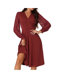 Женское весенне-осеннее свободное платье миди с v-образным вырезом и запахом в швейцарский горошек с рукавами-фонариками, цвет Wine Red Seta t