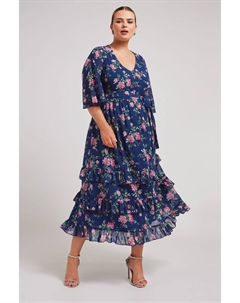 Многоярусное платье макси с цветочным принтом, синий Yours curve