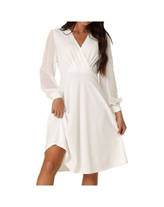 Женское весенне-осеннее свободное платье миди с v-образным вырезом и запахом в швейцарский горошек с рукавами-фонариками, белый Seta t