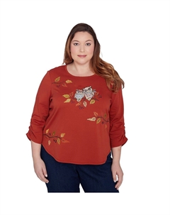 Плюс размер Nuzzling Owls Топ со сборками и рукавами, цвет Terracotta Alfred dunner