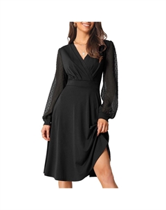 Женское весенне-осеннее свободное платье миди с v-образным вырезом и запахом в швейцарский горошек с рукавами-фонариками, черный Seta t