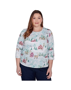 Плюс размер Топ с тройным вырезом Deer Village, цвет Multi Green Alfred dunner