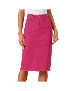 Женская однотонная джинсовая юбка с завышенной талией, джинсовые юбки средней длины с разрезом на спине, цвет Hot Pink Allegra k