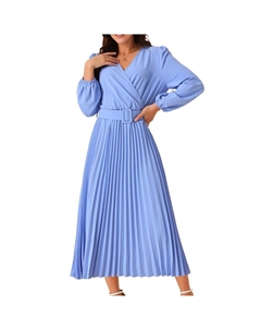 Женское весенне-осеннее плиссированное платье миди с длинными рукавами и V-образным вырезом, струящимися рюшами и поясом, синий Seta t