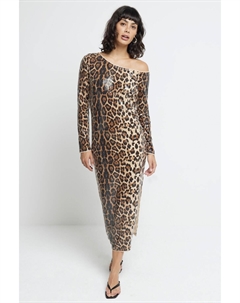 Платье миди на одно плечо с леопардовым принтом, коричневый River island