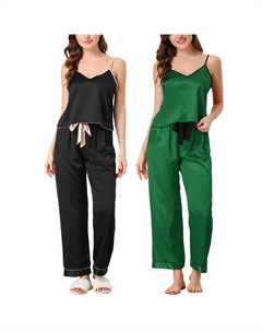 Женские летние подтяжки, пижамы из ледяного шелка, домашняя одежда, комплект из трех предметов, цвет Black Green Cheibear