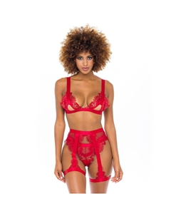 Комплект из кружевного бюстгальтера, стрингов и пояса с подвязками 41-11071 со змеиным принтом, красный Oh la la cheri