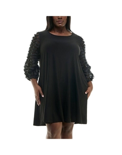 Плюс размер Сетчатое текстурированное мини-платье-трапеция с рукавами-фонариками, черный Nina leonard