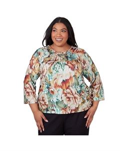 Плюс размер Earth Цветочный топ с круглым вырезом, цвет Multi Orange Alfred dunner