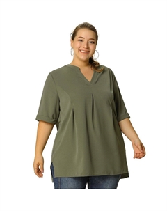 Женская осенняя повседневная однотонная туника больших размеров с V-образным вырезом и рукавами 1/2, цвет Olive Green Agnes orinda