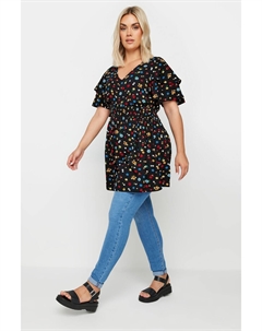 Топ с баской и рукавами крылышками в мелкий узор, черный Yours curve