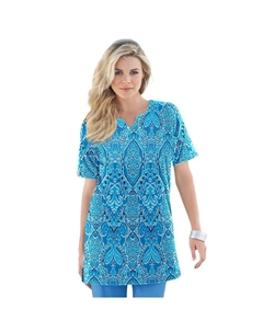 Женская мягкая трикотажная туника больших размеров с вырезом и вырезом с принтом, цвет Ocean Bold Ikat Roaman's