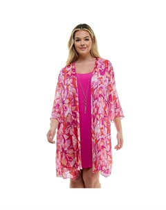 Комплект из 2 предметов больших размеров: кардиган с рукавами-колокольчиками и воротником-стойкой, цвет Coral Fuschia White Luxology