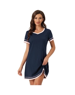 Женская ночная рубашка с коротким рукавом контрастного цвета, ночная рубашка с V-образным вырезом, ночная рубашка, темно-синий Cheibear