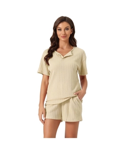 Женская одежда для отдыха с карманами, повседневные топы с короткими рукавами и шортами, пижамные комплекты, цвет Khaki Cheibear