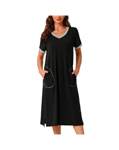 Женская ночная рубашка с V-образным вырезом, длинная базовая ночная рубашка с разрезом, ночная рубашка с короткими рукавами и карманами, черный Cheibear