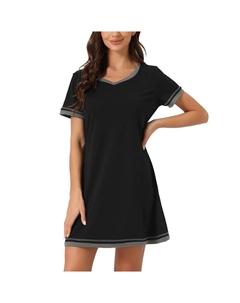 Женская ночная рубашка с коротким рукавом контрастного цвета, ночная рубашка с V-образным вырезом, ночная рубашка, черный Cheibear