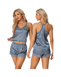 Женское атласное нижнее белье, кружевная отделка, топы на бретельках с шортами, пижамные комплекты с v-образным вырезом, цвет Gray Blue Cheibear