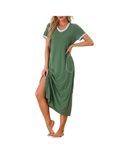 Женская ночная рубашка с V-образным вырезом, длинная базовая ночная рубашка с разрезом, ночная рубашка с короткими рукавами и карманами, зеленый Cheibear