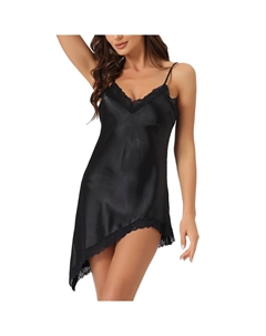 Женское атласное белье с v-образным вырезом и кружевной отделкой на тонких бретельках, мини-ночная рубашка, черный Cheibear