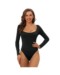 Женское боди с длинными рукавами, корректирующее белье, облегающий эластичный трико с квадратным вырезом, топы, черный Allegra k