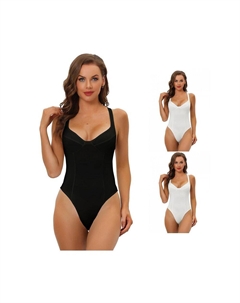 Комплект из 3 женских комбинезонов-купальников с глубоким V-образным вырезом и контролем живота, цвет White Black Allegra k