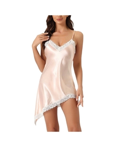 Женское атласное белье с v-образным вырезом и кружевной отделкой на тонких бретельках, мини-ночная рубашка, розовый Cheibear