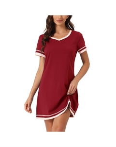 Женская ночная рубашка с коротким рукавом контрастного цвета, ночная рубашка с V-образным вырезом, ночная рубашка, цвет Burgundy Cheibear