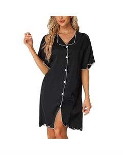 Женская ночная рубашка, атласная ночная рубашка с короткими рукавами, пижама на пуговицах, ночная рубашка, черный Cheibear