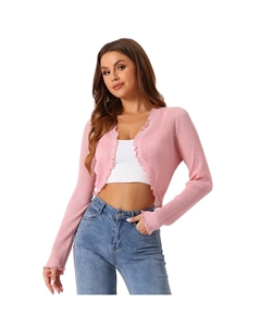Женский укороченный вязаный кардиган с рюшами и длинными рукавами, элегантный повседневный кардиган-болеро с открытой передней частью, розовый Allegra k