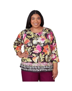 Топ размера плюс с геометрической каймой и цветочным принтом, цвет Multi Purple Alfred dunner