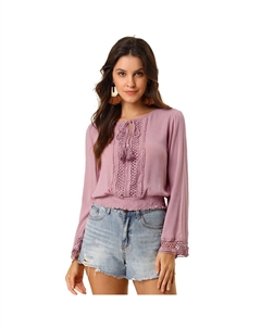 Женский укороченный топ с кружевной вышивкой и крестьянским галстуком с рукавами-колокольчиками и присборенным краем, цвет Dusty Pink Allegra k