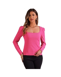Топ с квадратным вырезом для женщин, повседневные базовые топы в рубчик с длинными рукавами, цвет Hot Pink Allegra k