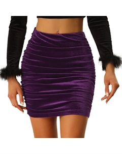Женская мини-облегающая бархатная юбка со сборками для вечеринок, фиолетовый Allegra k