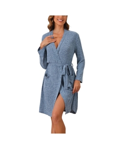 Женский халат в рубчик, вязаный халат длиной до колена, эластичная короткая одежда для сна с карманами, синий Cheibear